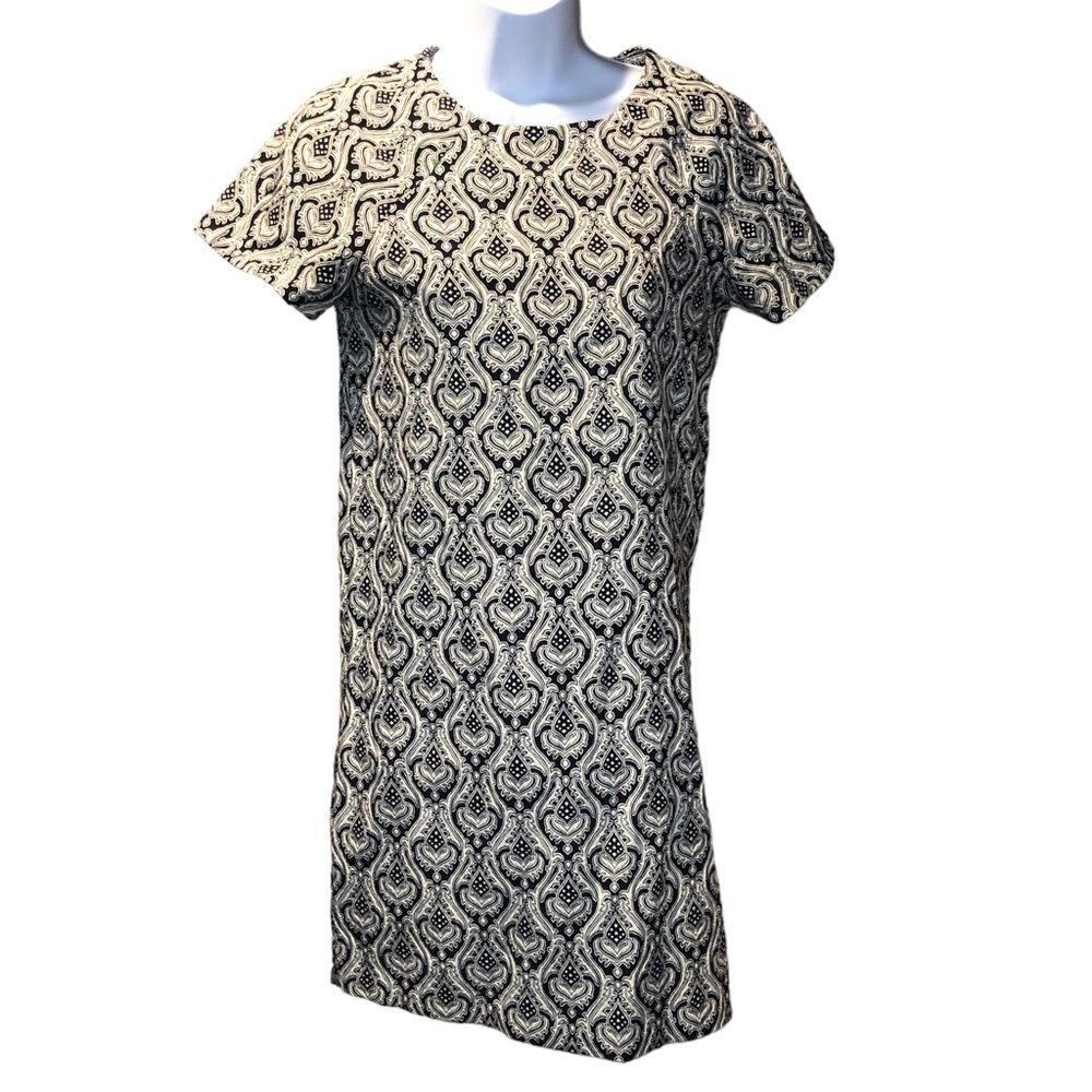 Zara Basic Jacquard Black & White Sheath Mini Dress Damask Short Sleeve size XS